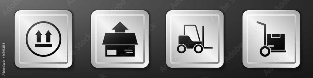 Set This side up, Carton cardboard box, Forklift truck and Hand truck and boxes icon. Silver square 