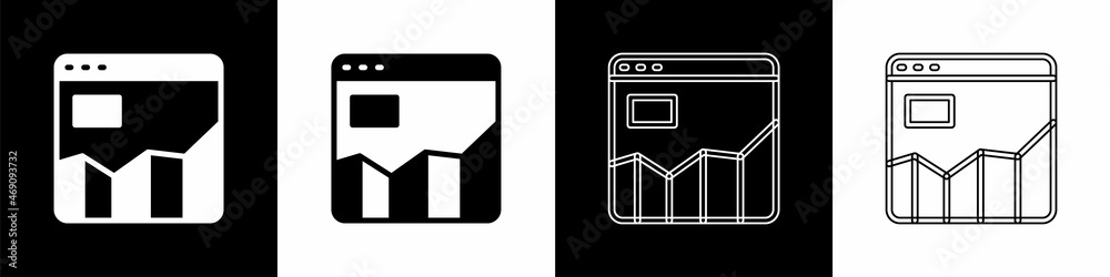 Set Graph, schedule, chart, diagram, infographic, pie graph icon isolated on black and white backgro