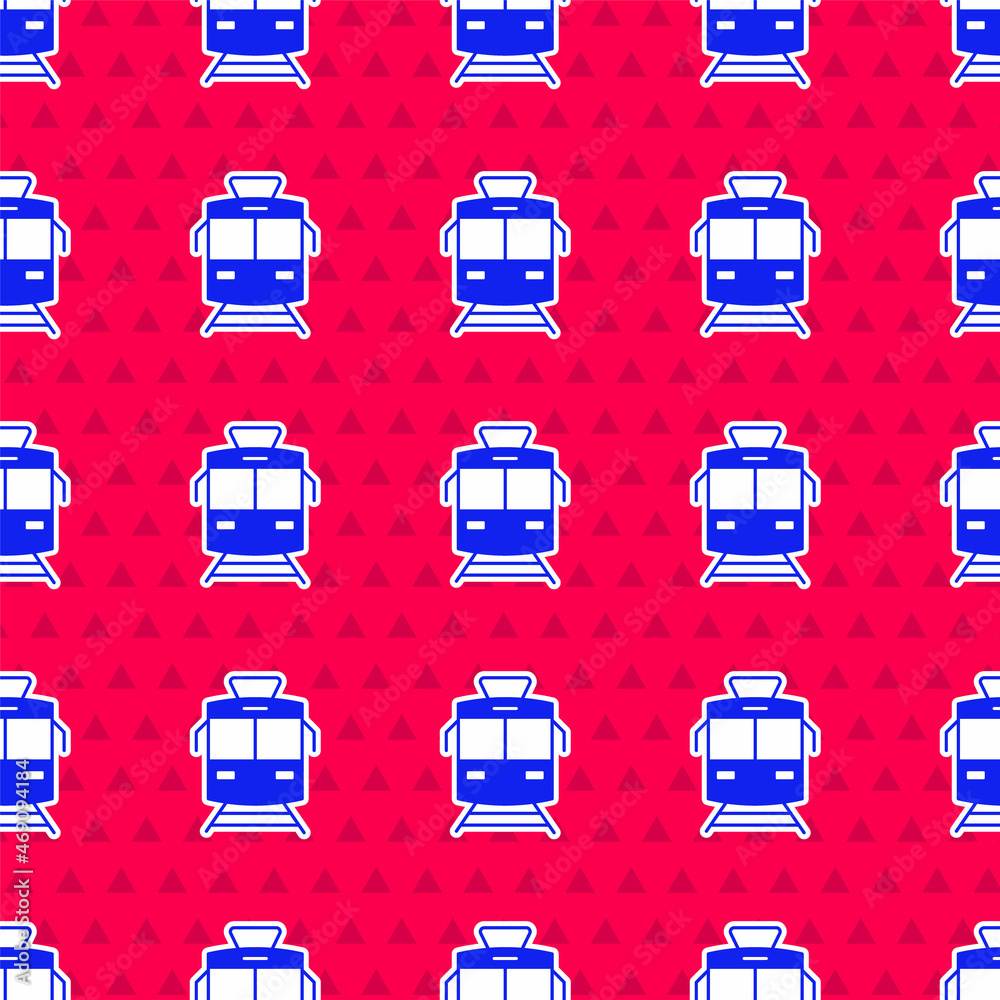 Blue Tram and railway icon isolated seamless pattern on red background. Public transportation symbol