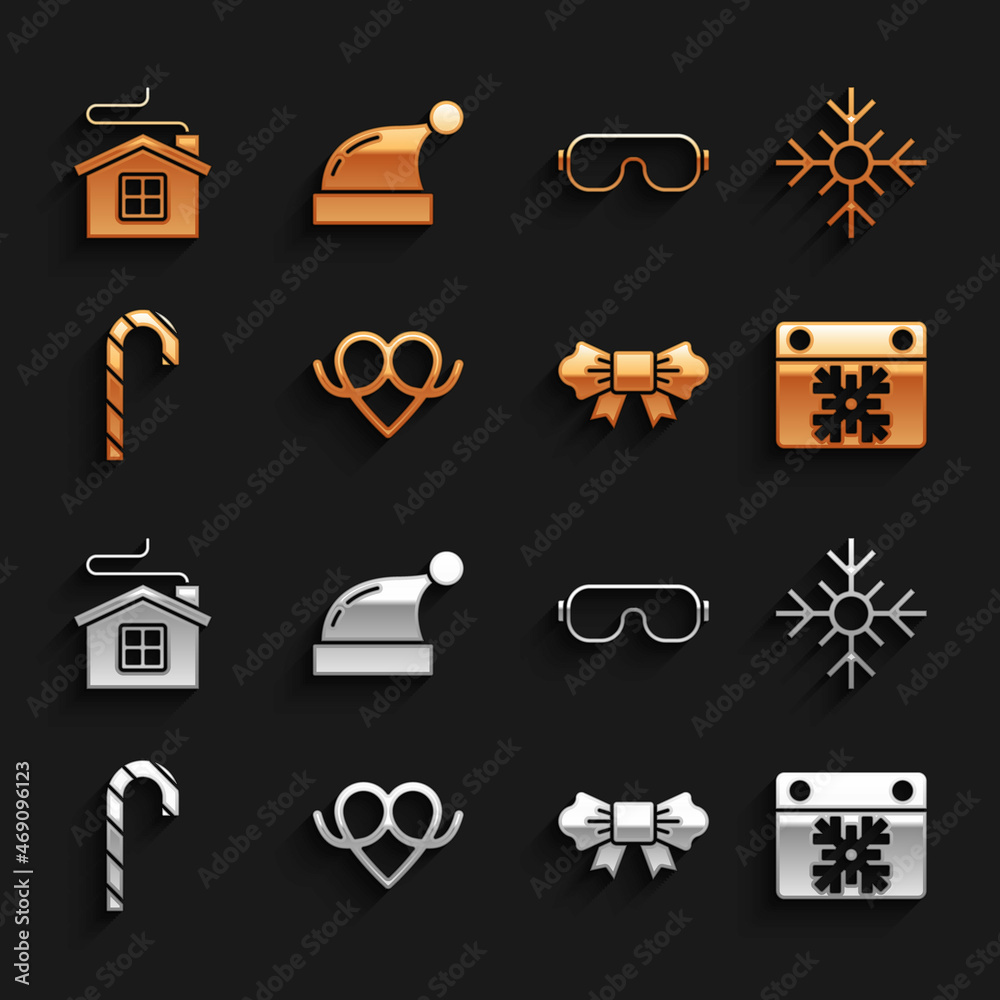 Set Pretzel, Snowflake, Calendar, Bow tie, Christmas candy cane, Ski goggles, Merry house and Santa 