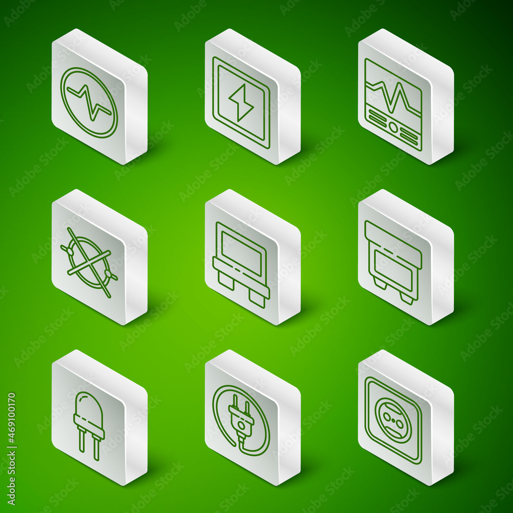 Set line Electrical outlet, plug, circuit scheme, Fuse, Lightning bolt, emitting diode and icon. Vec