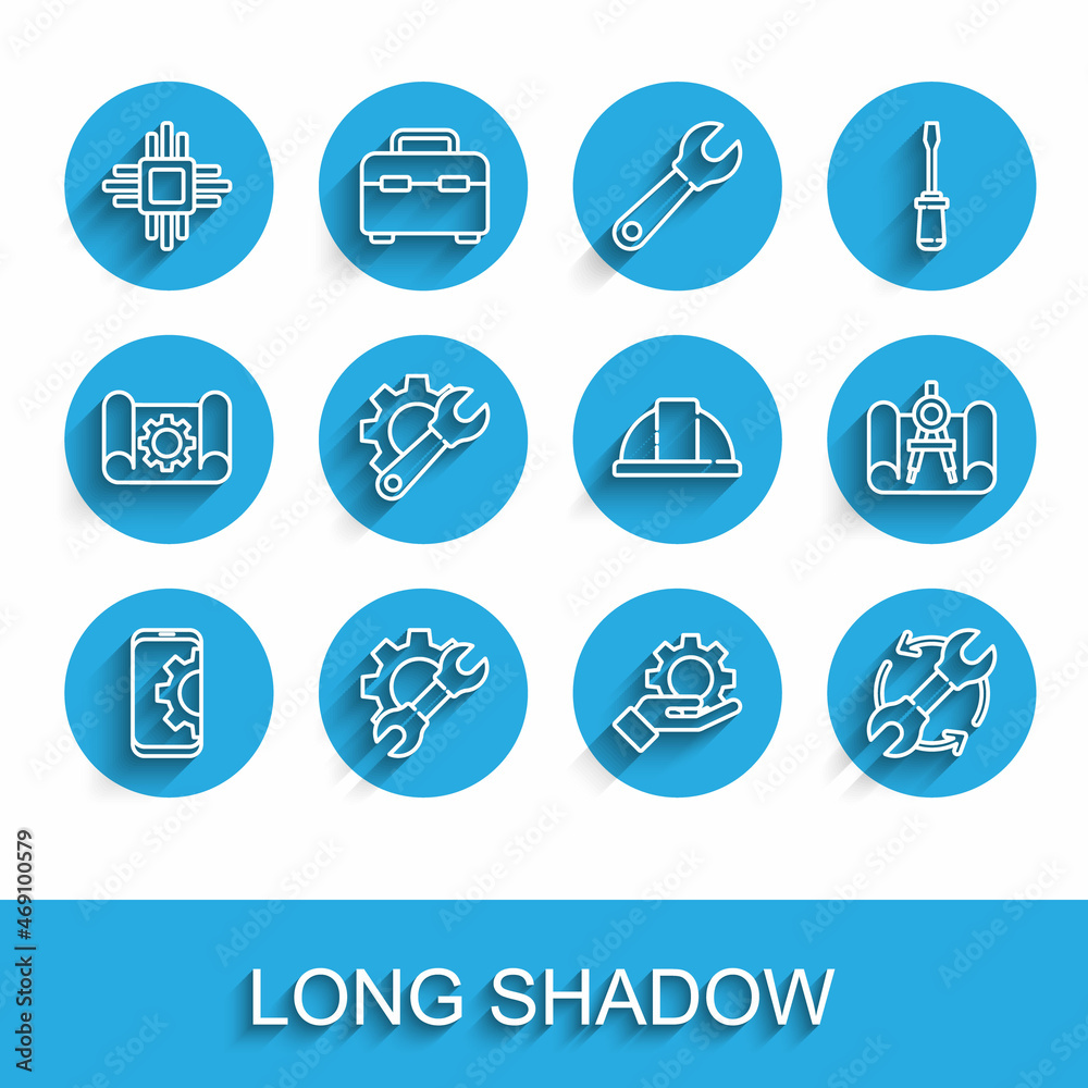 Set line Setting on smartphone, Wrench spanner and gear, Processor with microcircuits CPU, Settings 