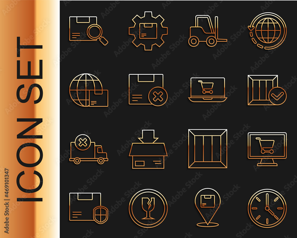 Set line Clock, Shopping cart on computer, Wooden box with check mark, Forklift truck, Carton cardbo