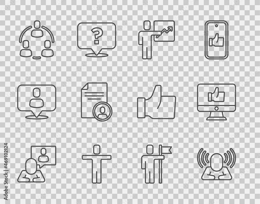 Set line Head hunting, Team leader, Project team base, Resume, and Hand like icon. Vector