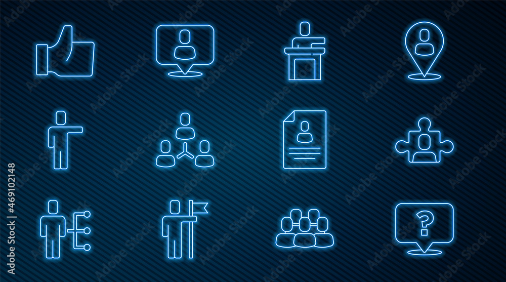 Set line Question mark, Project team base, Speaker, Head hunting, Hand like, Resume and icon. Vector