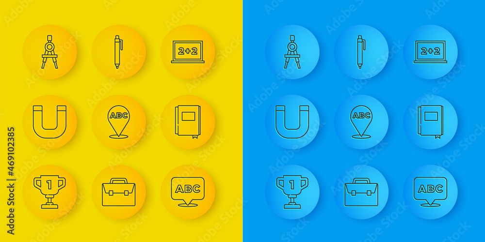 Set line Award cup, Magnet, Alphabet, Book, Drawing compass, Chalkboard and Pen icon. Vector