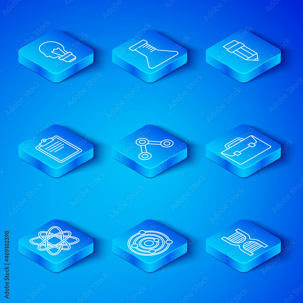 Set line Atom, Molecule, Solar system, Briefcase, Pencil with eraser, Clipboard checklist, Light bul