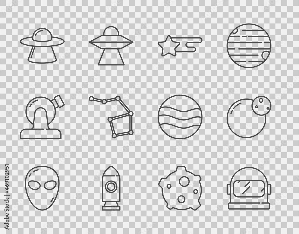 Set line Alien, Astronaut helmet, Falling star, Rocket ship, UFO flying spaceship, Great Bear conste