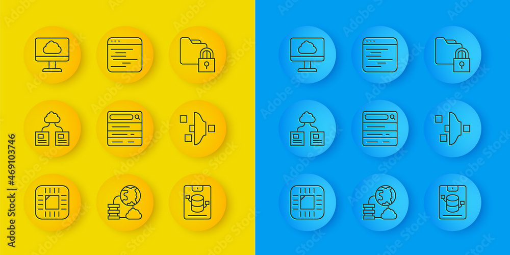 Set line Processor with CPU, Cloud technology data transfer, Search engine, Server, Data, Web Hostin