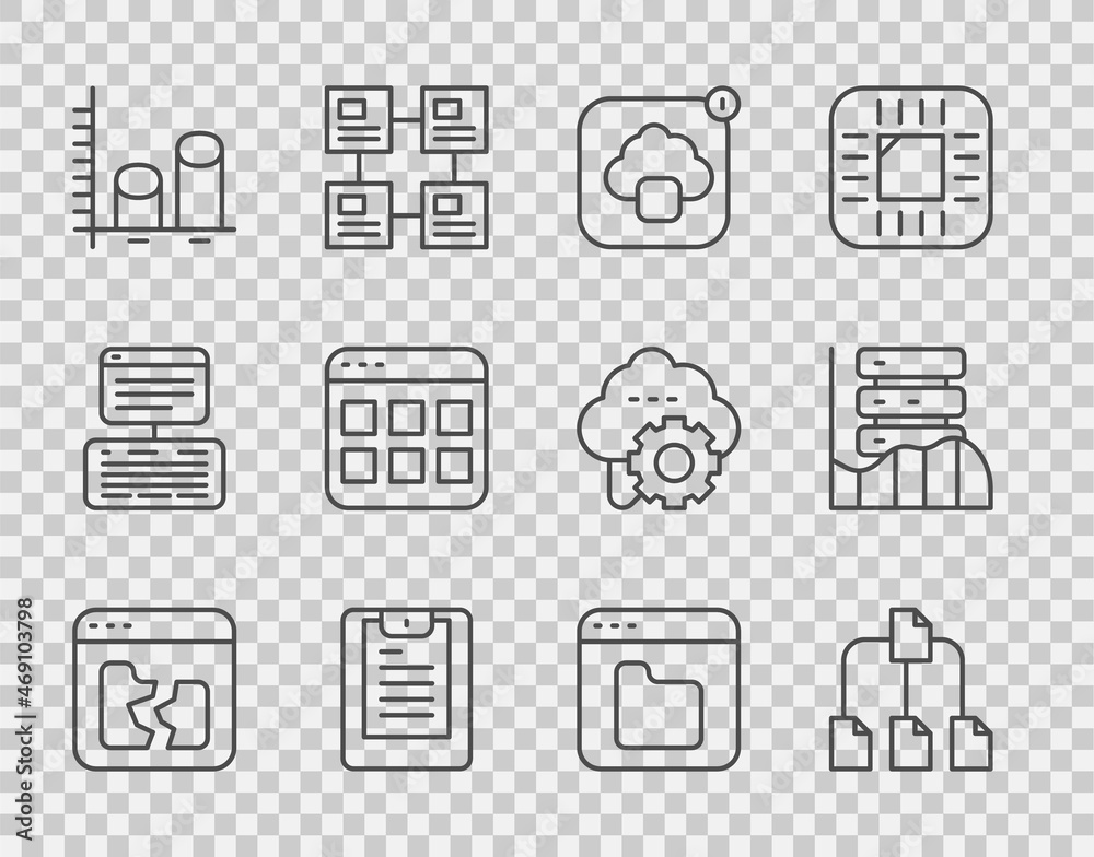 Set line Broken file, Folder tree, Cloud technology data transfer, Server, Data report, analysis, Br