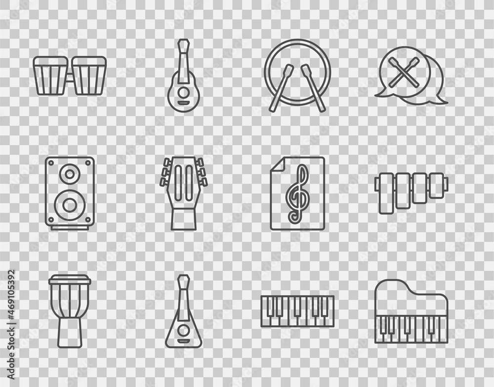 Set line Drum，Grand piano，Drum sticks，Guitar，Music synthesizer and Pan flute icon.Vector（组弦鼓、大钢琴、鼓棒、