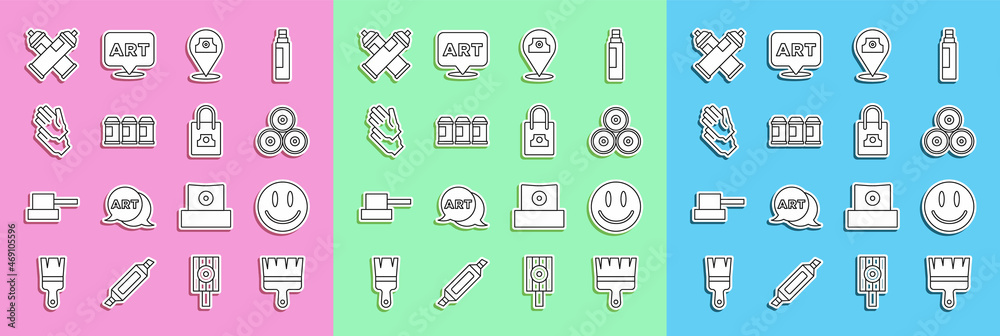 Set line Paint brush, Smile face, spray can, Rubber gloves, and Spray nozzle cap icon. Vector