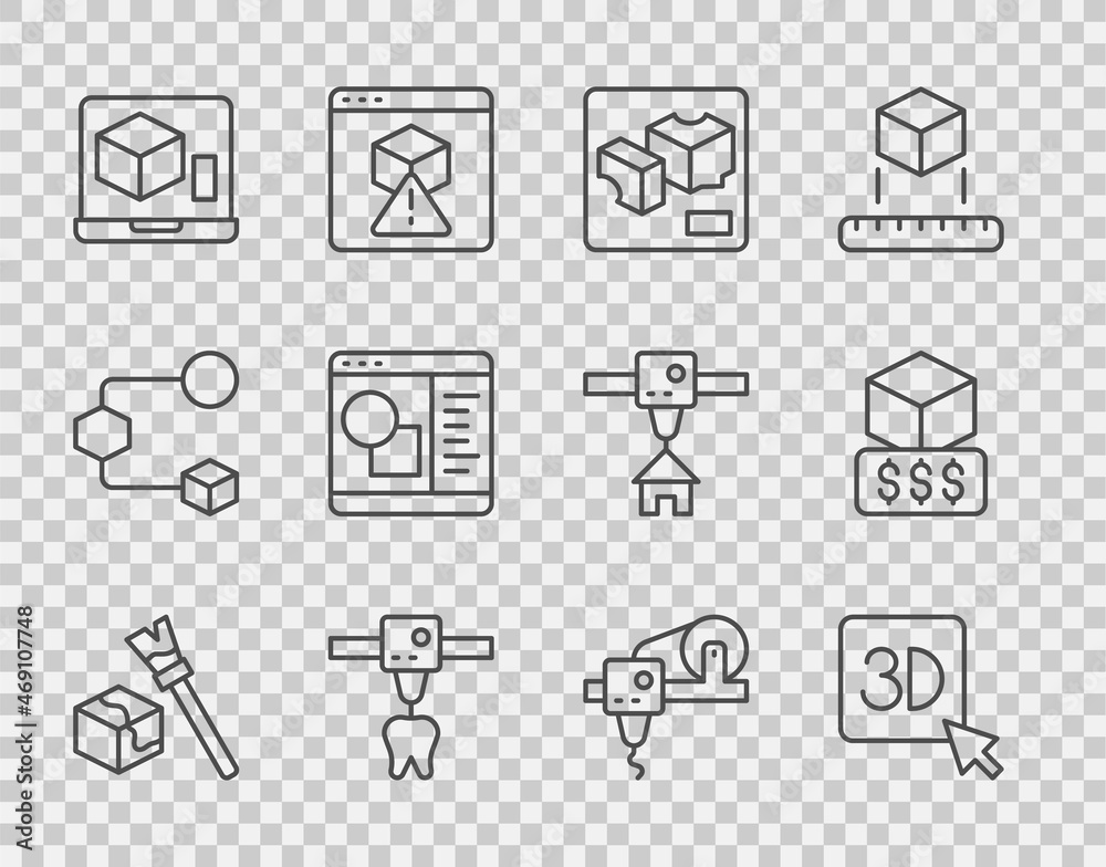 设置线等轴测立方体、3D打印机、牙齿、软件和服务图标。矢量