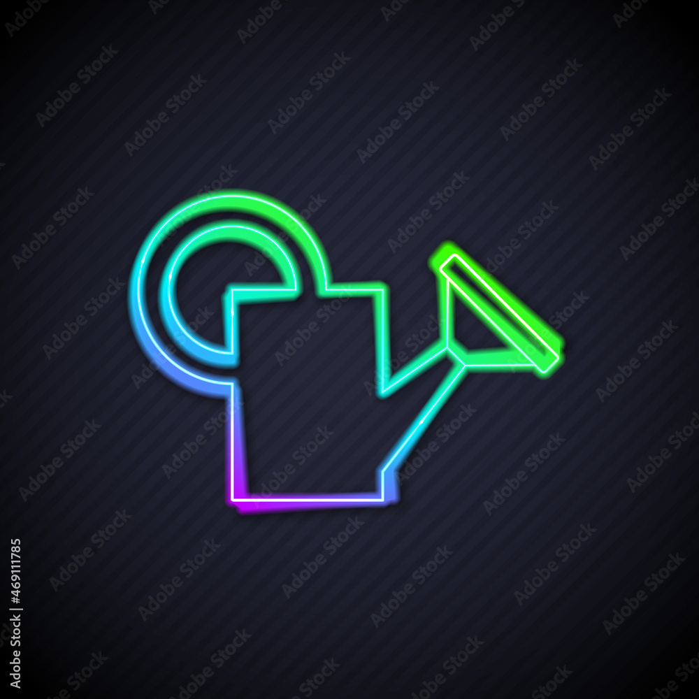 Glowing neon line Watering can icon isolated on black background. Irrigation symbol. Vector