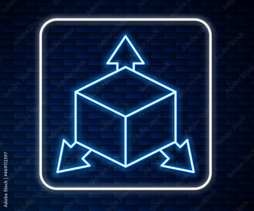 Glowing neon line Isometric cube icon isolated on brick wall background. Geometric cubes solid icon.