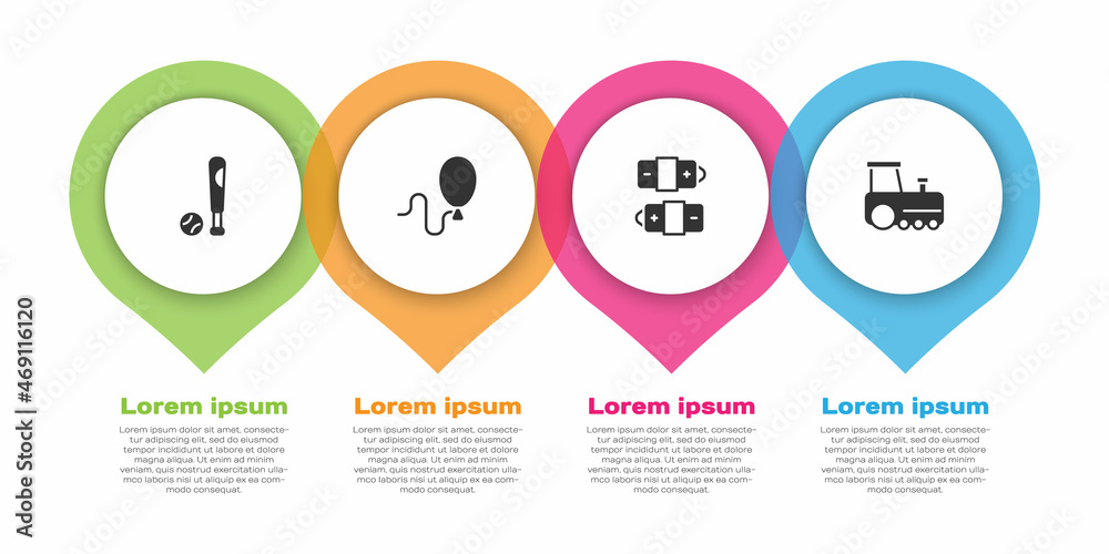 设置棒球棍与球，气球，电池和玩具火车。商业信息图模板。矢量