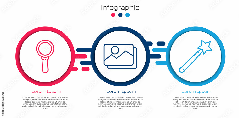 设置线条放大镜、图片景观和魔杖。商业信息图模板。矢量