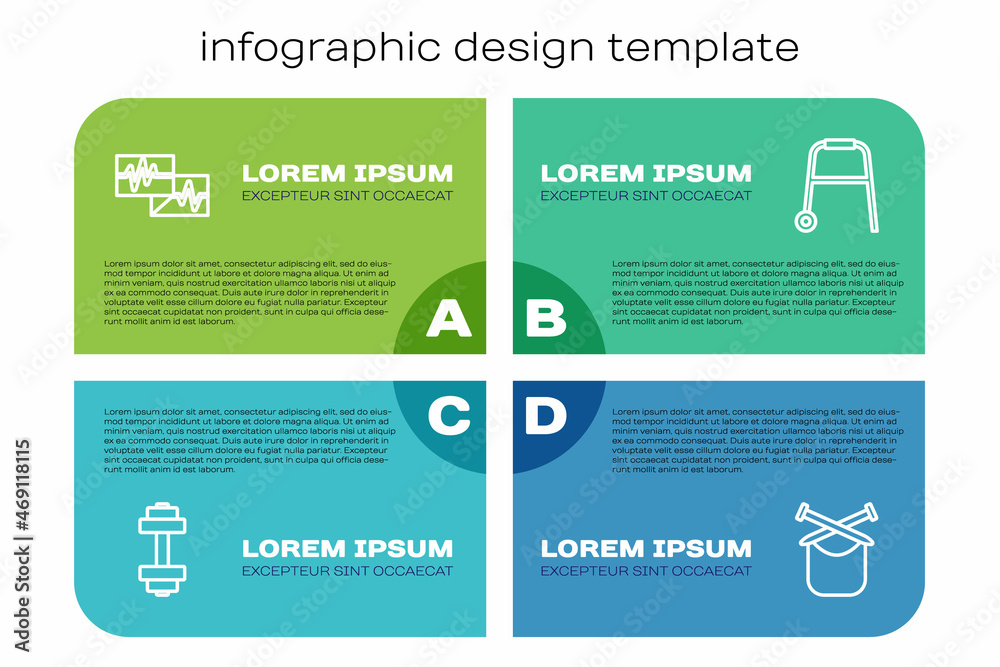 设线哑铃，心电图监护仪，针织和Walker。商业信息图模板。Vect