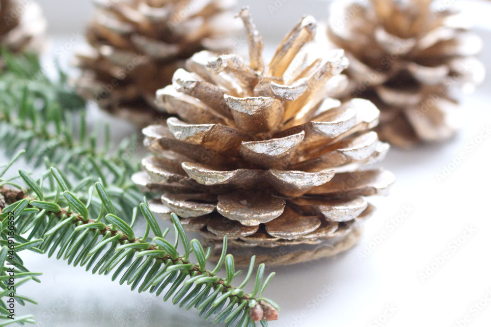 Close up of pine cones on white table. Christmas and New Year. Winter holiday. Greeting card.