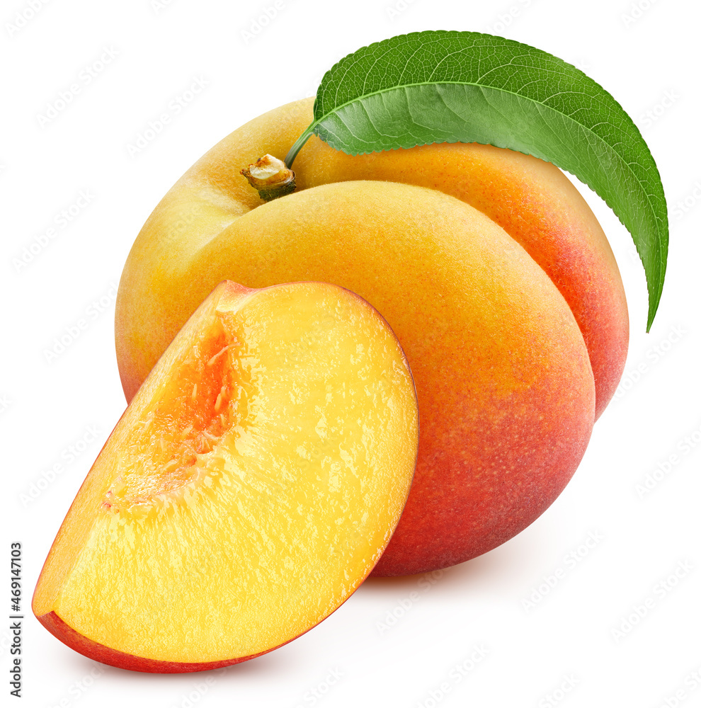 Peach with leaf isolated on white background