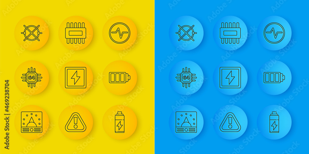 Set line Ampere meter, multimeter, voltmeter, Processor with microcircuits CPU, Lightning bolt, Batt