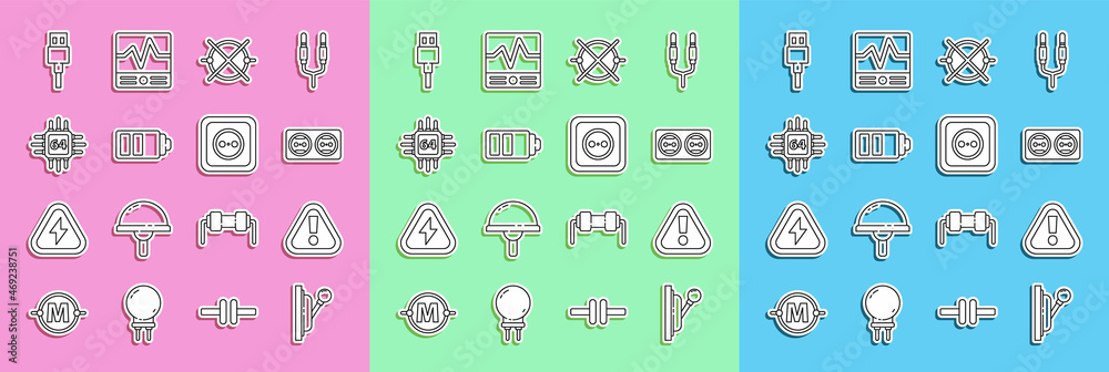 Set line Electrical panel, Exclamation mark in triangle, outlet, circuit scheme, Battery charge leve