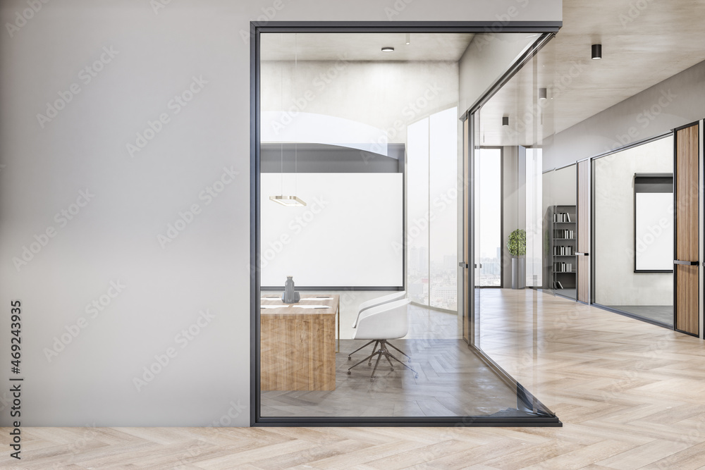 Contemporary concrete and wooden office interior corridor with empty white mock up billboard on wall