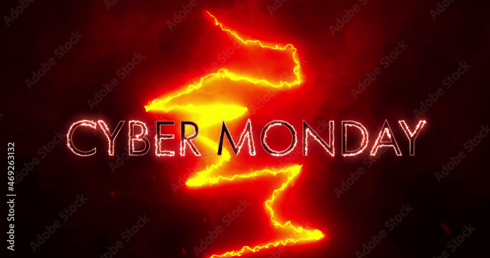 Image of cyber monday text over lightnings on black background