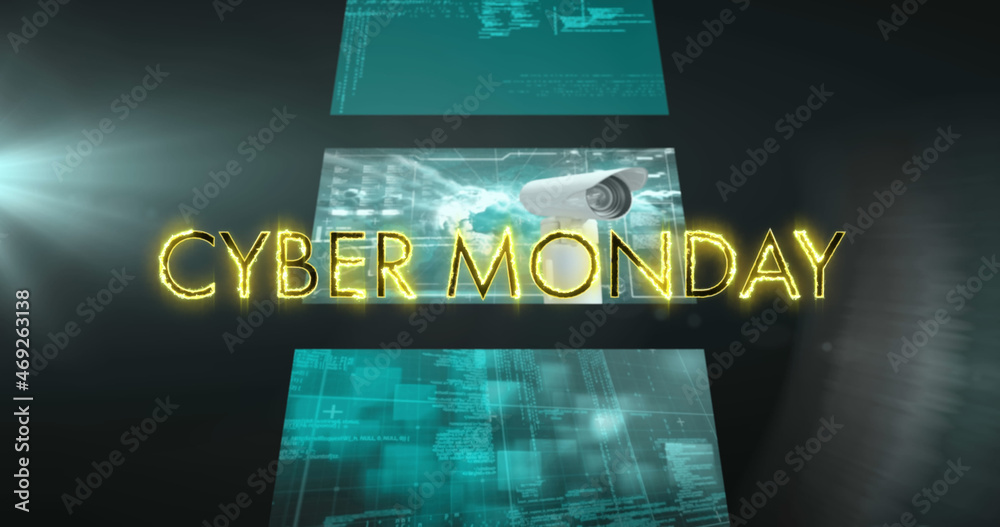 Digital image of cyber monday text against multiple screens with data processing