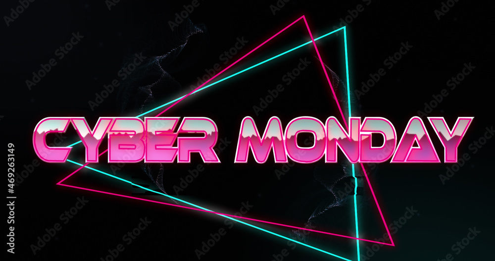 Image of cyber monday text in metallic pink letters with triangles