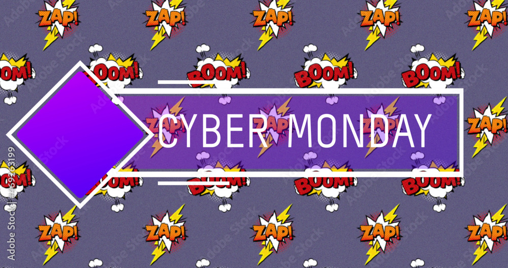 Cyber Monday text over boom and zap text on speech bubbles against purple background