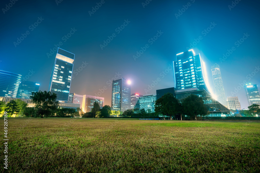 Night view of office buildings in Suzhou Financial District, China