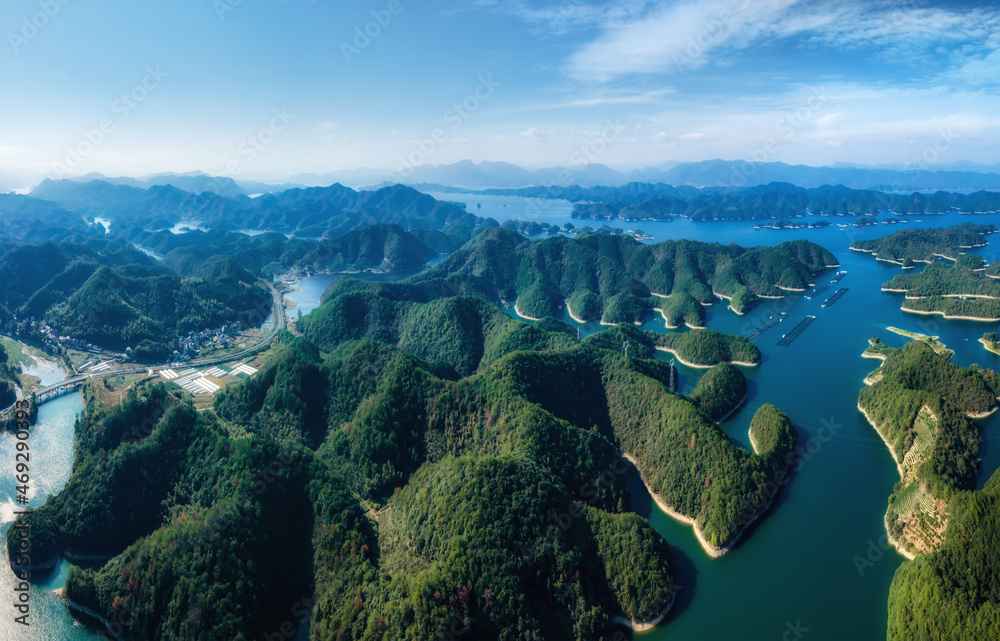 Aerial photography of the natural scenery of Hangzhou Qiandao Lake