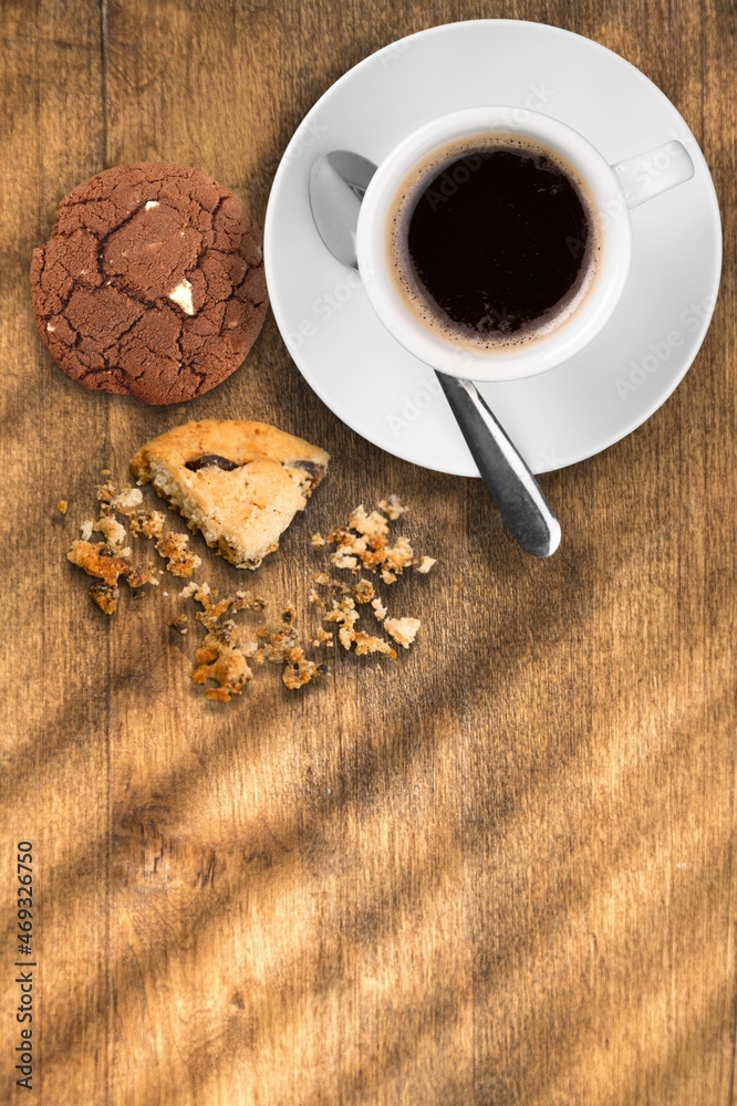 Coffee cup and bakery dish. Healthy eating and sweet food concept.