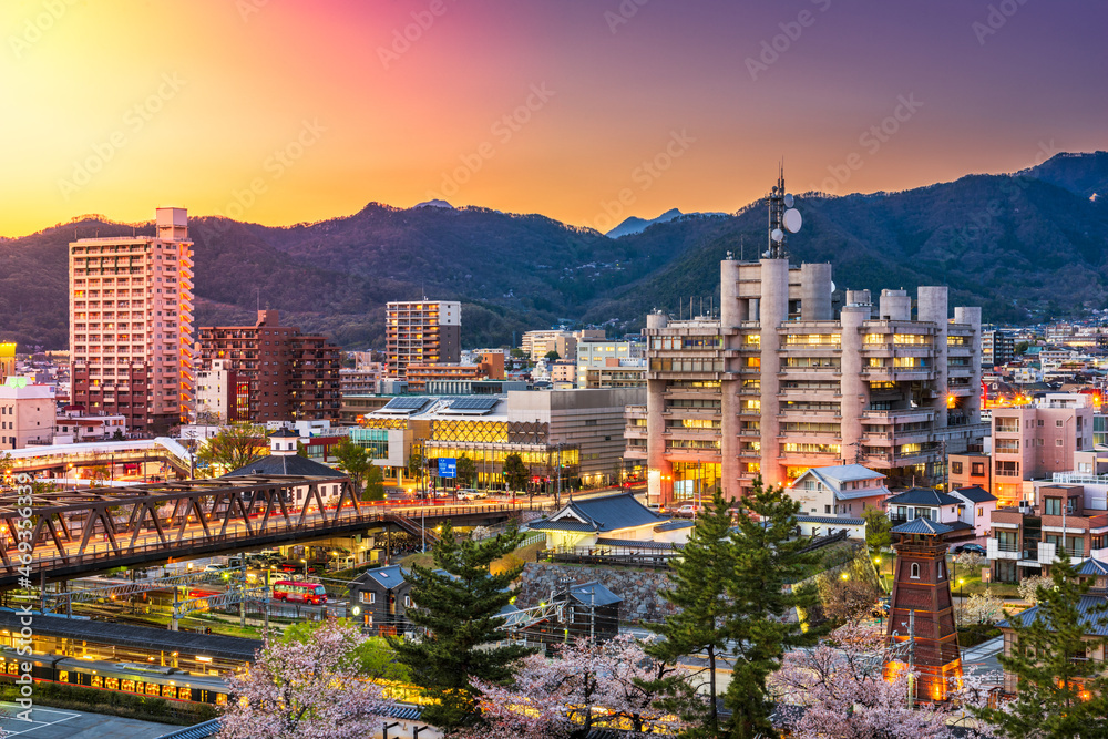 日本山梨县高夫市黄昏时的市中心城市景观