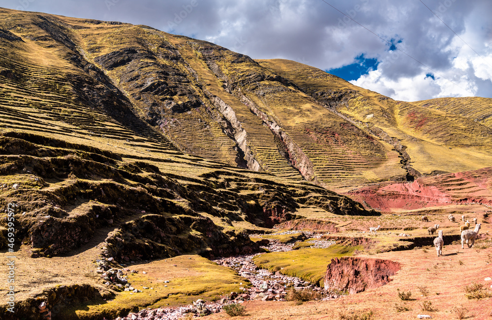 Terraced mountains at Palccoyo Rainbow Mountains near Cusco in Peru