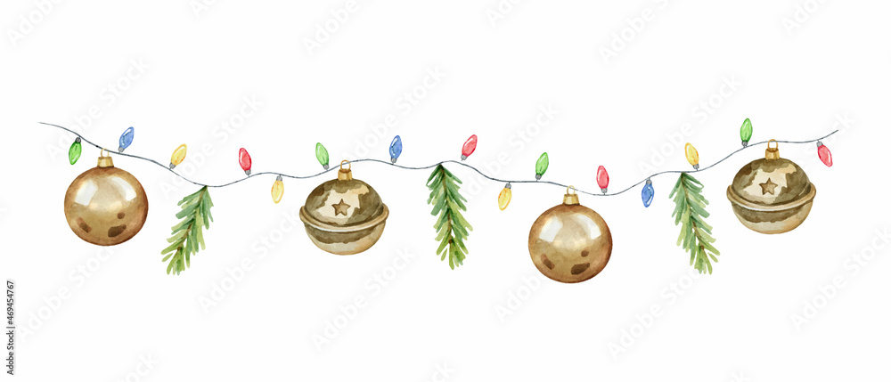 Watercolor vector Christmas colorful garland with golden balls, lights and fir branches.