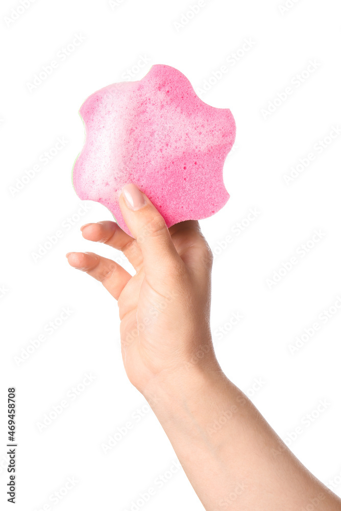 Woman holding pink bath sponge with foam on white background, closeup