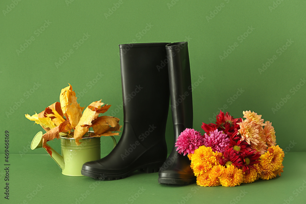 Rubber boots, flowers, watering can and fallen leaves on color background