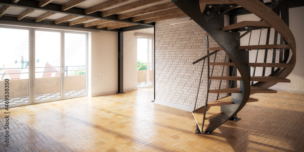 Empty Attic Loft Conversion With Spiral Staircase - panoramic 3d visualization