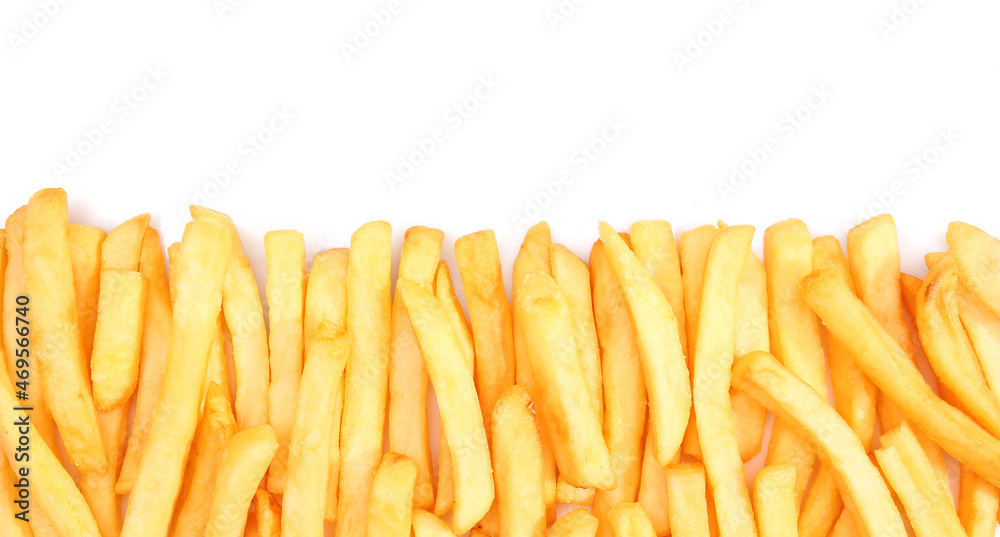 Tasty french fries on white background