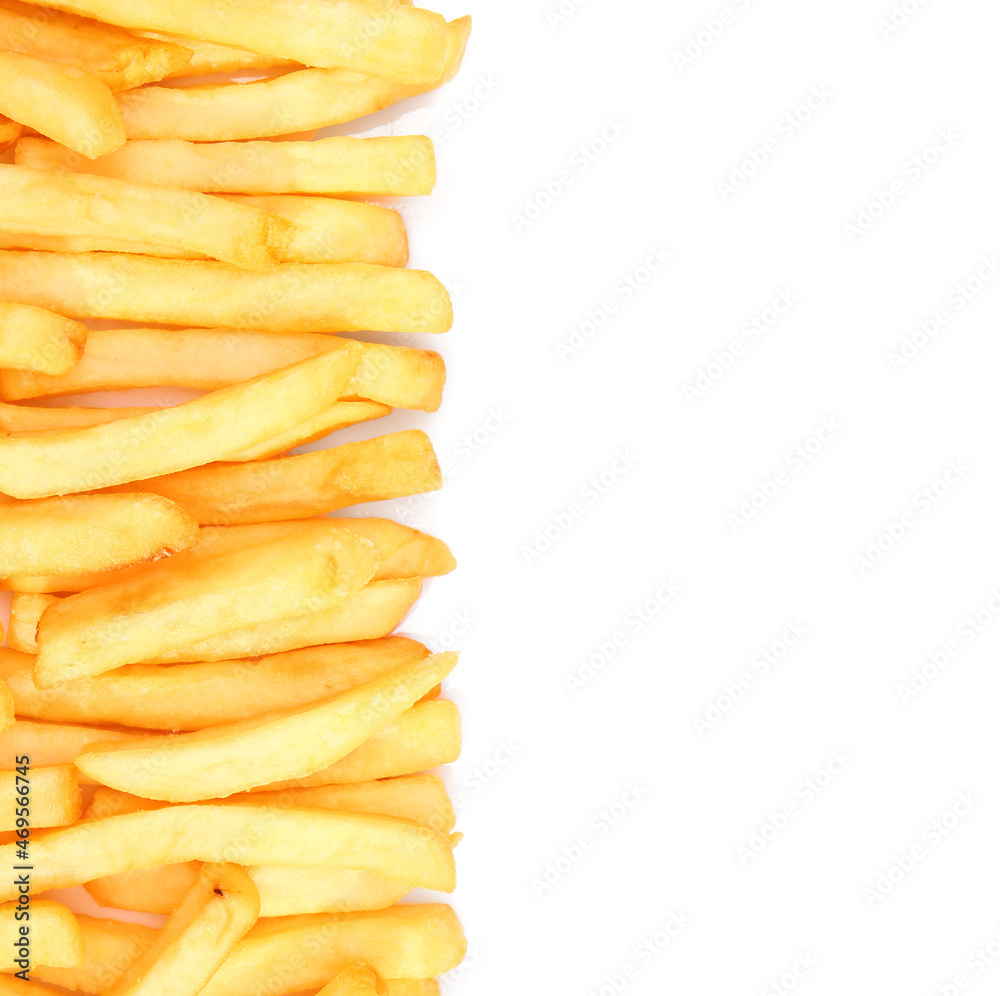 Tasty french fries on white background