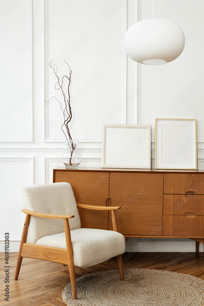 Picture frame on a cabinet with Scandinavian home interior