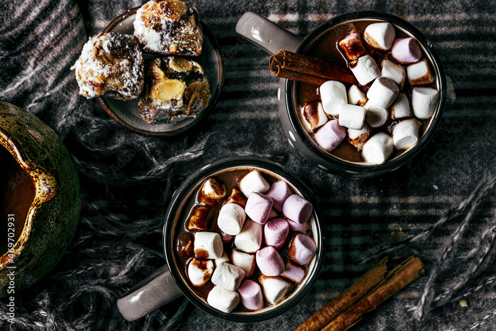 Marshmallows dipped in hot chocolate flat lay Christmas food photography