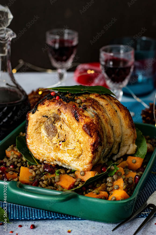 Christmas dinner with roasted ham and lentils food photography