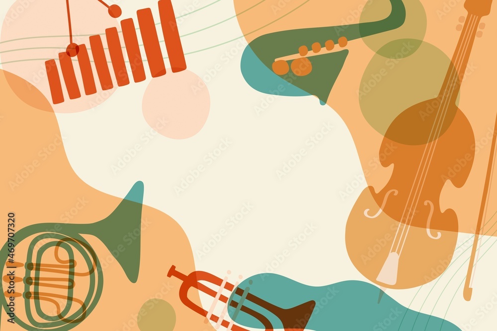 Retro music background, orange pastel instrument illustration