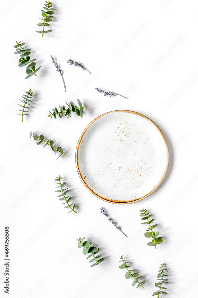 trendy breakfast design with lavander and eucalyptus top view mock-up