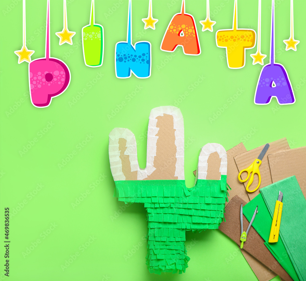 Preparation of Mexican pinata on color background