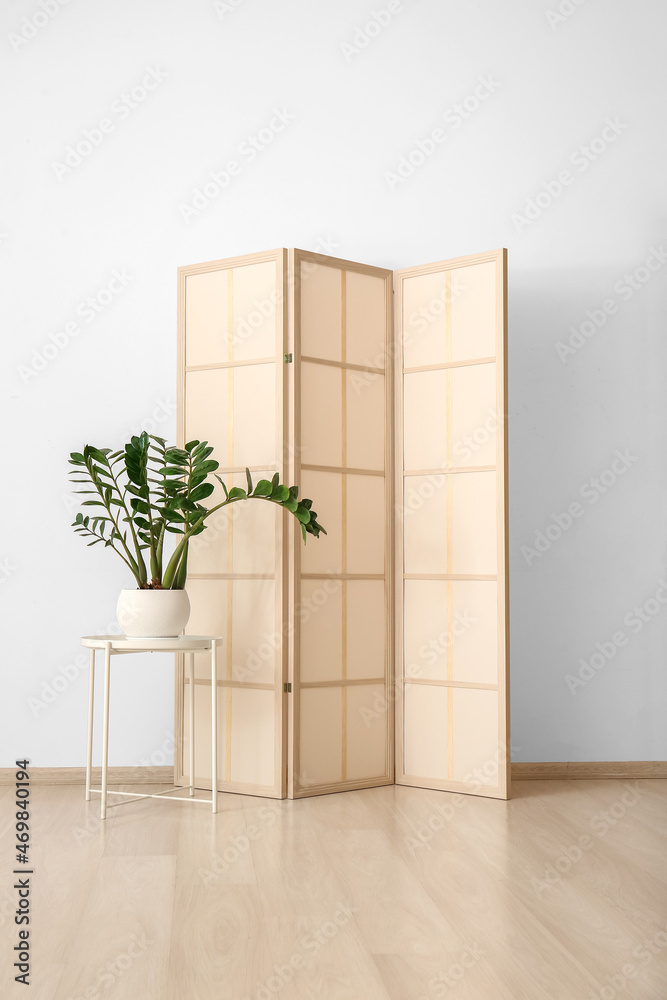 Stylish folding screen with houseplant in room interior on wall background