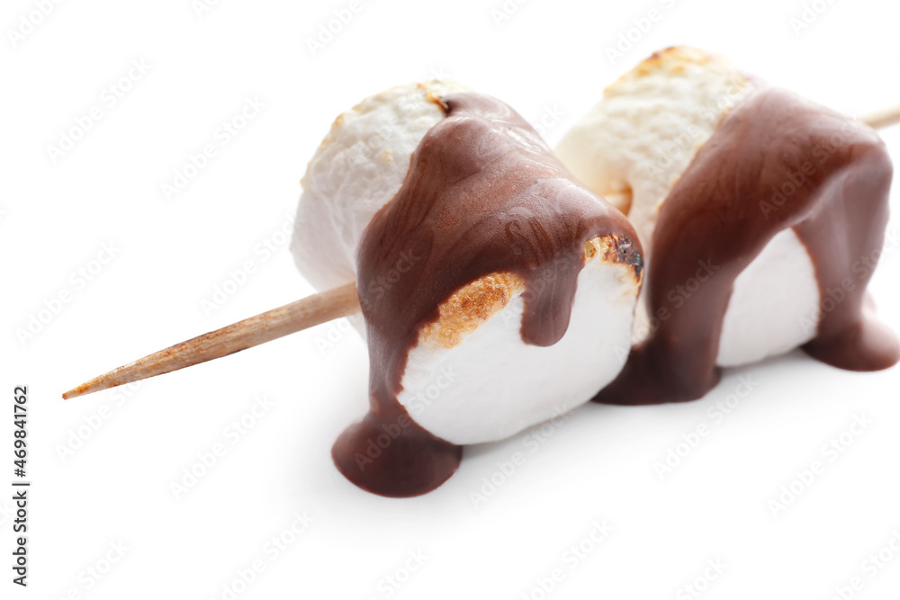 Skewer with tasty grilled marshmallows in chocolate on white background